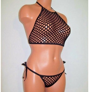 May include: Black mesh halter top and matching bikini bottom with a diamond pattern. The top has a halter neck and the bottom has adjustable ties.
