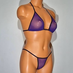 purple spandex very sheer micro mesh banded thong bikini lingerie sunwear set