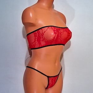 red flower lace sheer spandex mesh banded tube top thong pantie lingerie set