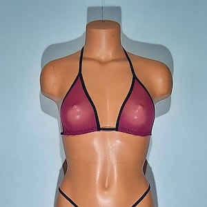 Raspberry Spandex sheer Mesh Adjustable Back Tie Bikini Top Lingerie Sunwear