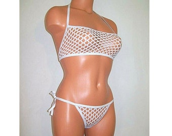 white spandex big hole sheer fishnet side tie low cut halter top lingerie set