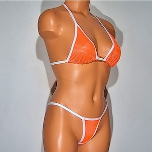neon orange semi sheer tricot nylon banded thong top bikini lingerie sunwear set