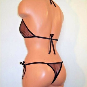 black spandex sheer micro mesh side tie thong full halter top lingerie set Bild 4