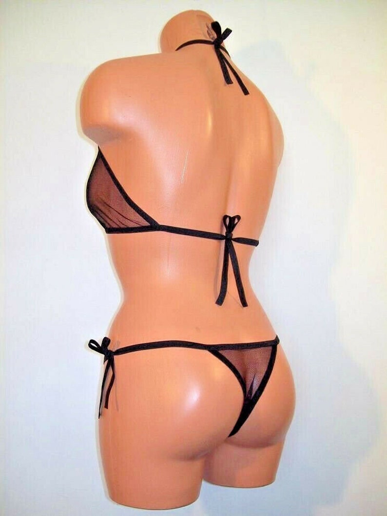black spandex sheer micro mesh side tie thong full halter top lingerie set Bild 4