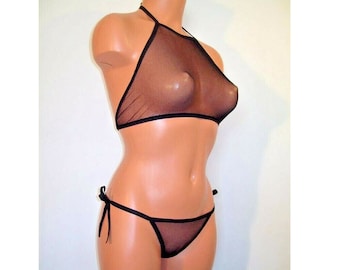 black spandex sheer micro mesh side tie thong full halter top lingerie set