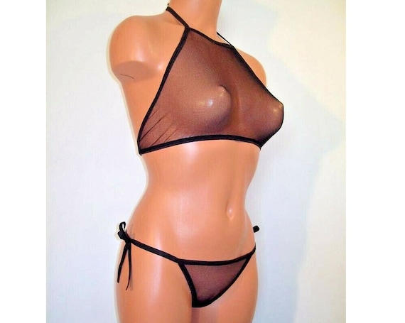 black spandex sheer micro mesh side tie thong full halter top lingerie set