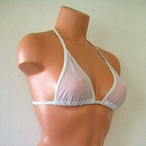 White Spandex sheer Mesh Adjustable Back Tie Bikini Top Lingerie Sunwear
