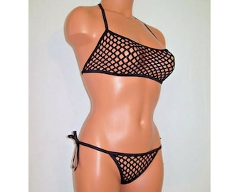 black spandex big hole sheer fishnet side tie low cut halter top lingerie set