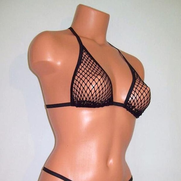 Black Classic Spandex Fishnet Full Sheer BackTie Bikini Top Lingerie Sunwear