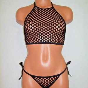 May include: Black mesh halter top and matching bikini bottom with tie sides. The top and bottom are made of a fine, stretchy mesh fabric.
