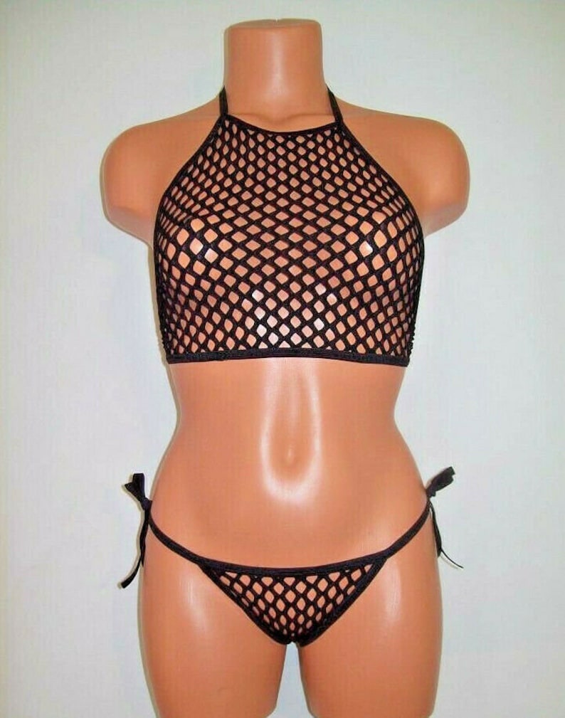 May include: Black mesh halter top and matching bikini bottom with tie sides. The top and bottom are made of a fine, stretchy mesh fabric.