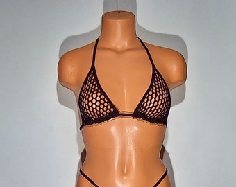 Black Spandex big hole Fishnet Full Sheer BackTie Bikini Top Lingerie Sunwear