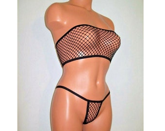 black sheer classic Fishnet mesh banded tube top thong pantie lingerie sunwear