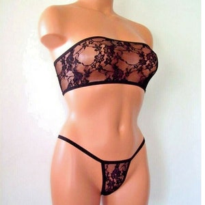 black flower lace sheer spandex mesh banded tube top thong pantie lingerie set