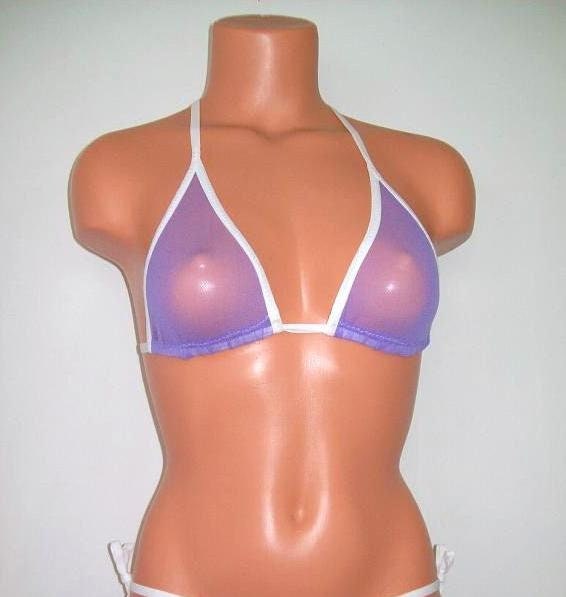 Lavender Lilac Spandex sheer Mesh Adjustable Back Tie Bikini Top Lingerie Sunwear