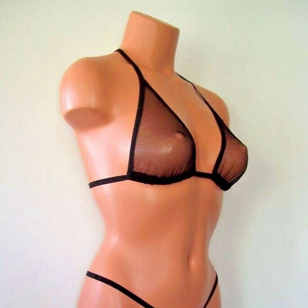 Black Spandex sheer Mesh Adjustable Back Tie Bikini Top Lingerie Sunwear