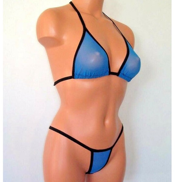 turquoise blue very sheer spandex micro mesh banded thong bikini lingerie set