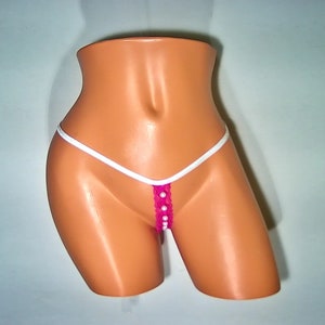Pink classic insert lace acrylic white pearl beaded centerline g-string pantie.