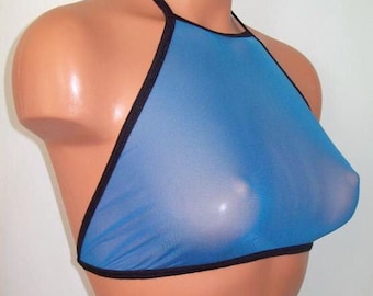 May include: A sheer blue halter top with black trim. The top is made of a see-through mesh material and is displayed on a mannequin. The halter straps tie behind the neck, and the bottom edge has a black border.