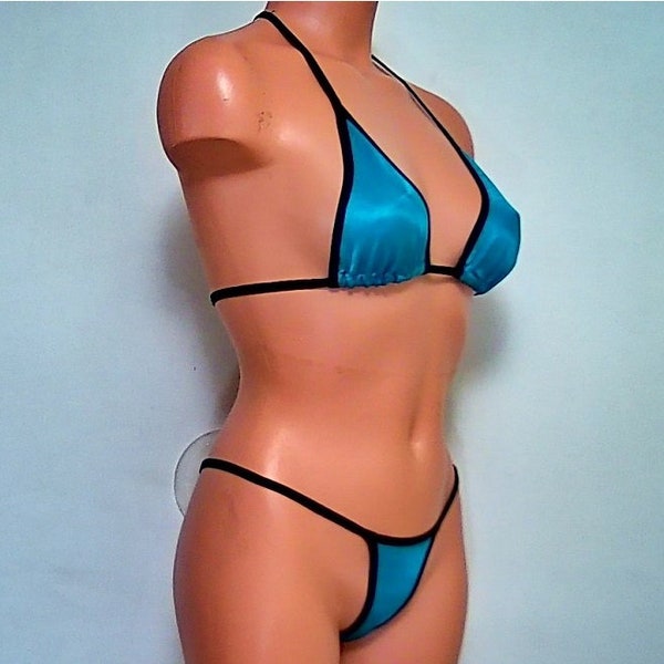 turquoise blue semi sheer tricot nylon banded thong top bikini lingerie sunwear set