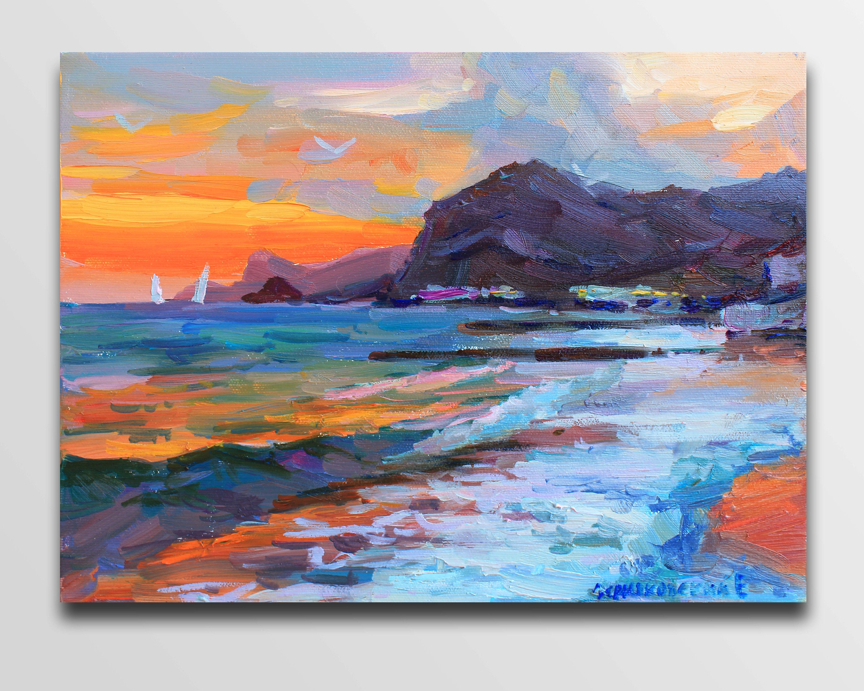 原画/抽象画/モダンアート/現代アート/アクリル画/BRIDGE sunset海 Sea Oil Sunset Painting Colorful Sunset Art River Painting Oil
