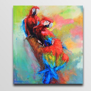 Parrots oil painting Red parrots art Birds oil painting Tropical parrots art Parrots wall art Original painting Sunset art
