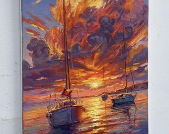 夕焼けのヨットの絵画：印象派の海景油彩 - Etsy 日本