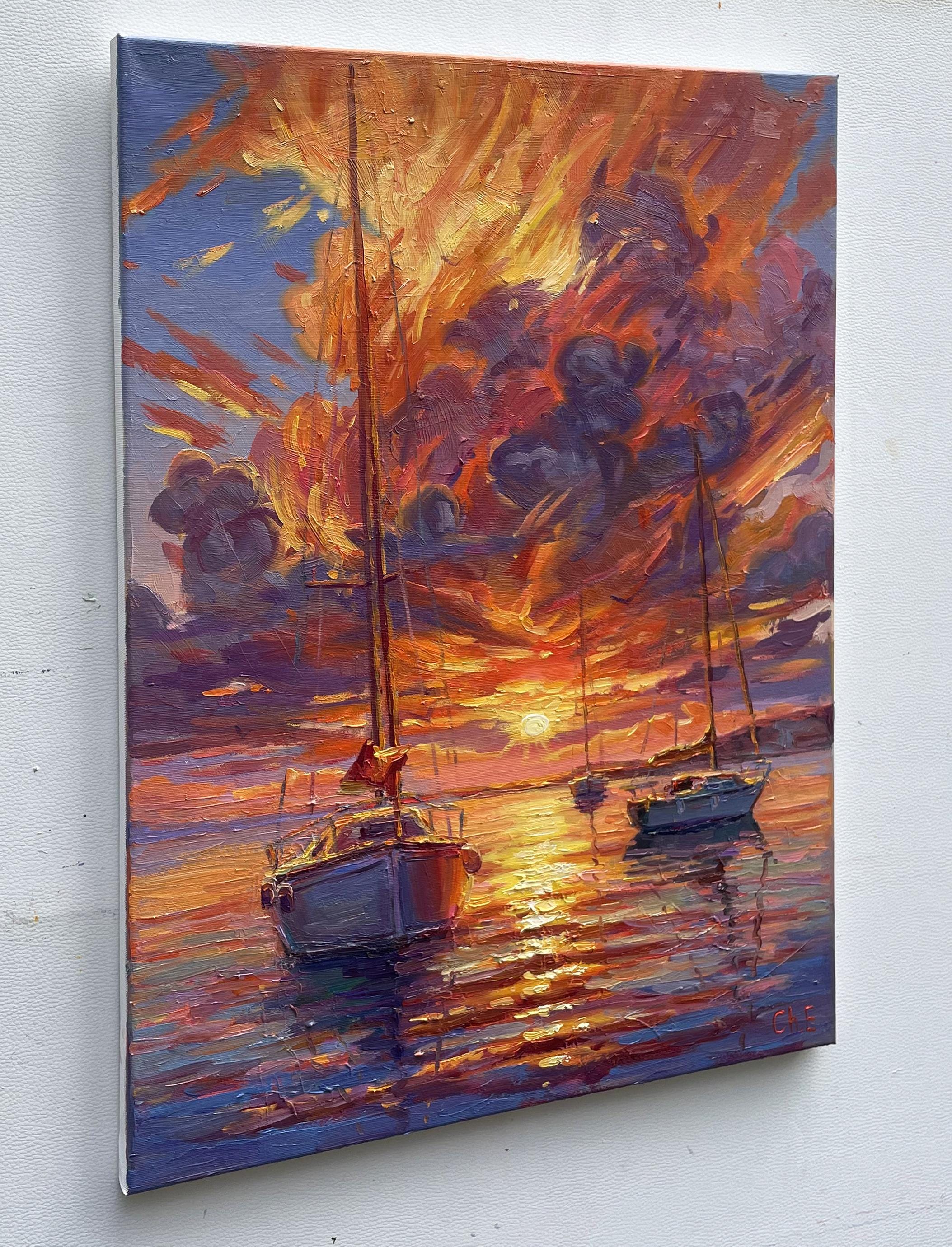 夕焼けのヨットの絵画：印象派の海景油彩 - Etsy 日本