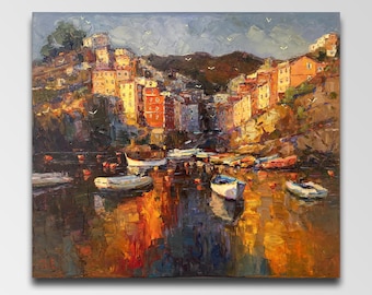 Riomaggiore Cinque Terre Painting: Italian Seascape Wall Art Boats painting City in Italy Italian oil painting Riomaggiorre art Italy art