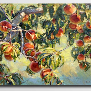 Peach Tree Oil Painting: Botanical Still Life Art (27.5x35.4 IN)