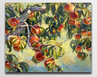 Óleo sobre óleo de un melocotonero: bodegón botánico. Arte frutal. Melocotones botánicos originales de jardín.