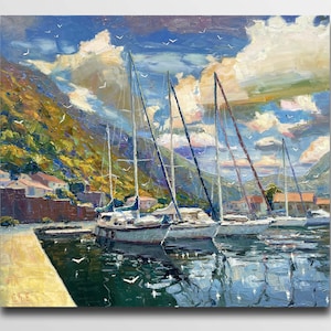 Original Yacht Oil Painting: &quot;Quiet Harbor&quot; Seascape Art (31.4x27.5 in)