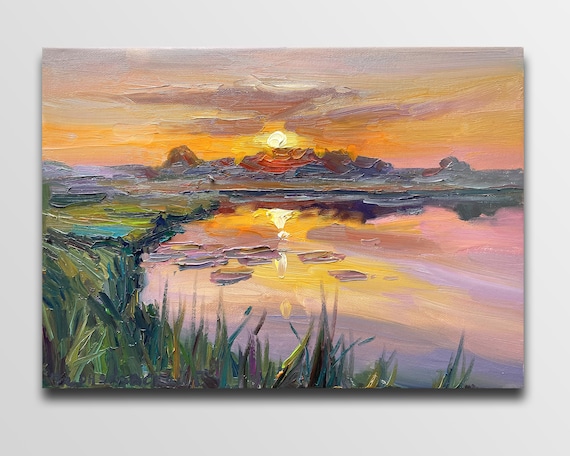 川の夕焼けアート 夕焼け油絵 川の風景画 川の油絵 川の風景油絵