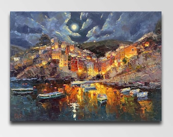 Riomaggiore painting Cinque Terre Painting Italian Seascape Wall Art Italian painting sea painting City painting boats painting night art