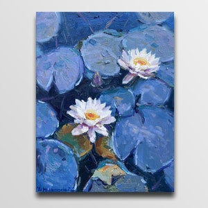 Water lily painting Pond Painting Water Lily Art Impressionism oil River painting oil Kitchen decor Lily flowers