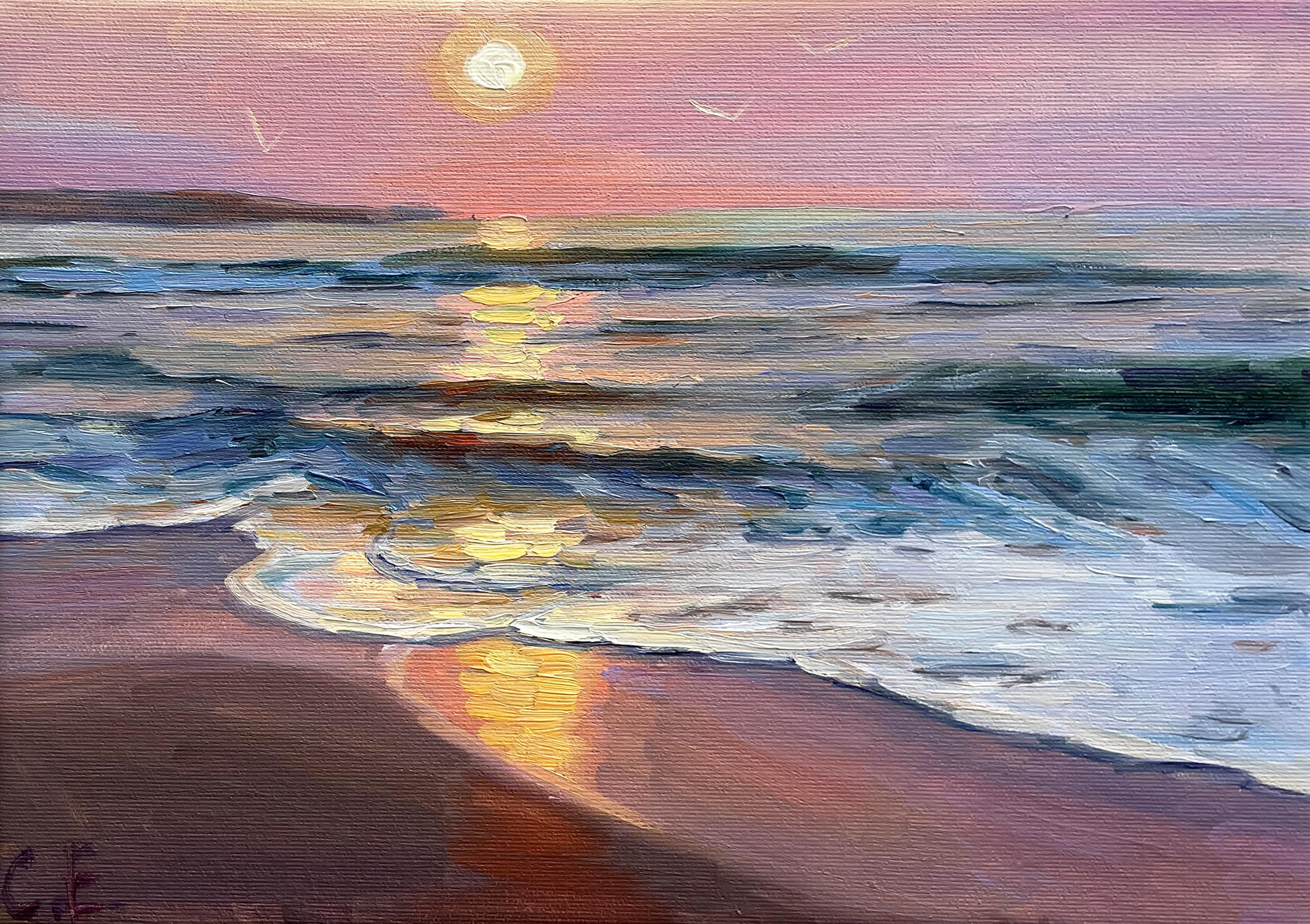 夜明けの絵 日の出の油絵 海の夜明けの絵 海の日の出 オリジナル 海の