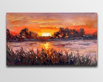 油彩画 アルノ川の夕ぐれ 壁掛け 絵画 赤い夕焼けの絵画オリジナル、穏やかな川の壁アート、カラフルな油絵の