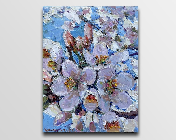 咲き誇る春の木の油絵、花の印象派、11.8x15.7 - Etsy 日本