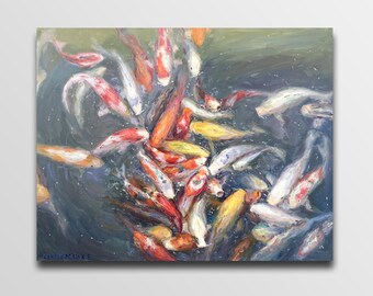 Koi fish painting Fish pond painting Koi fish Plein air painting Impressionism art Housewarming gift Original oil