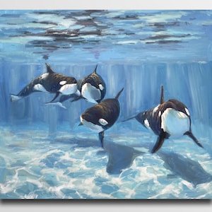 Killer whales oil painting Killer whales art Ocean animals Sea oil painting Killer whale wall art Painting seascape ocean oil painting