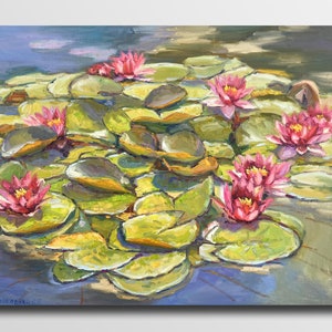 Water lily painting Pond Painting Water Lily Art Impressionism oil River painting oil Kitchen decor Lily flowers