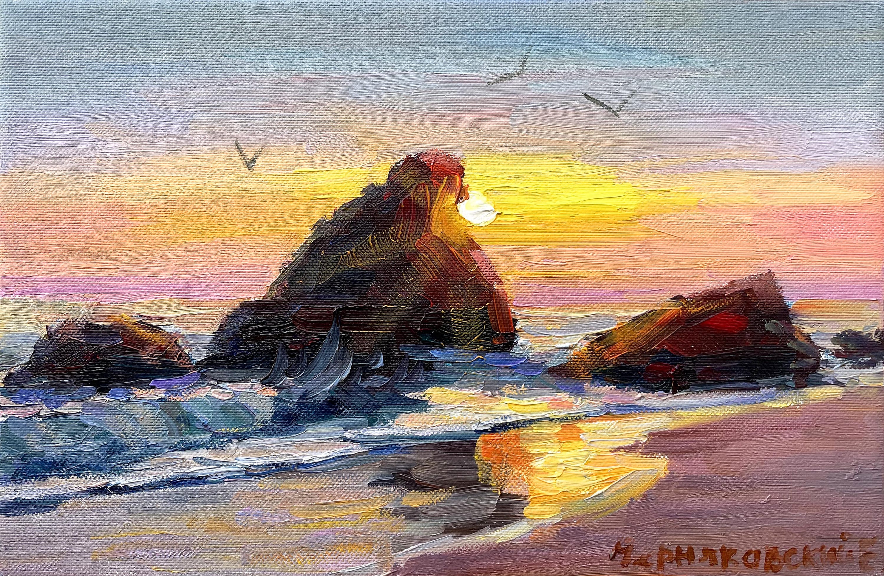 夜明け 日の出海 絵 夜明けの絵 日の出の油絵 海の夜明けの絵 海