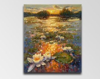 蓮の油絵 キャンバスアート 印象派の絵画 花の風景画 オリジナル絵画