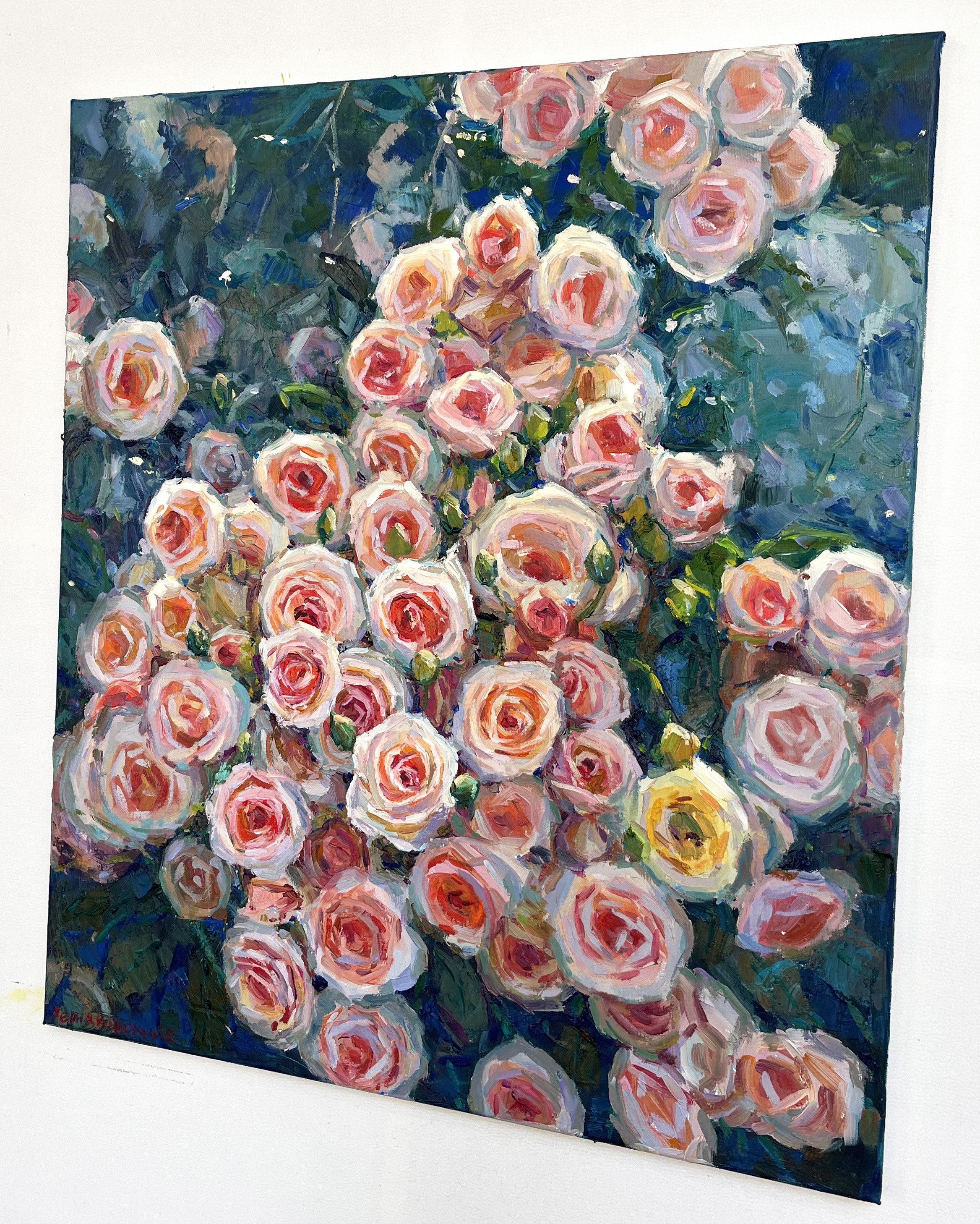 赤いバラと白い花の油彩画 白いバラの絵 赤いバラの絵 花の油絵 花の静物画 バラの花束の油絵