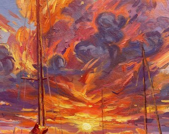 夕焼けのヨットの絵画：印象派の海景油彩 - Etsy 日本