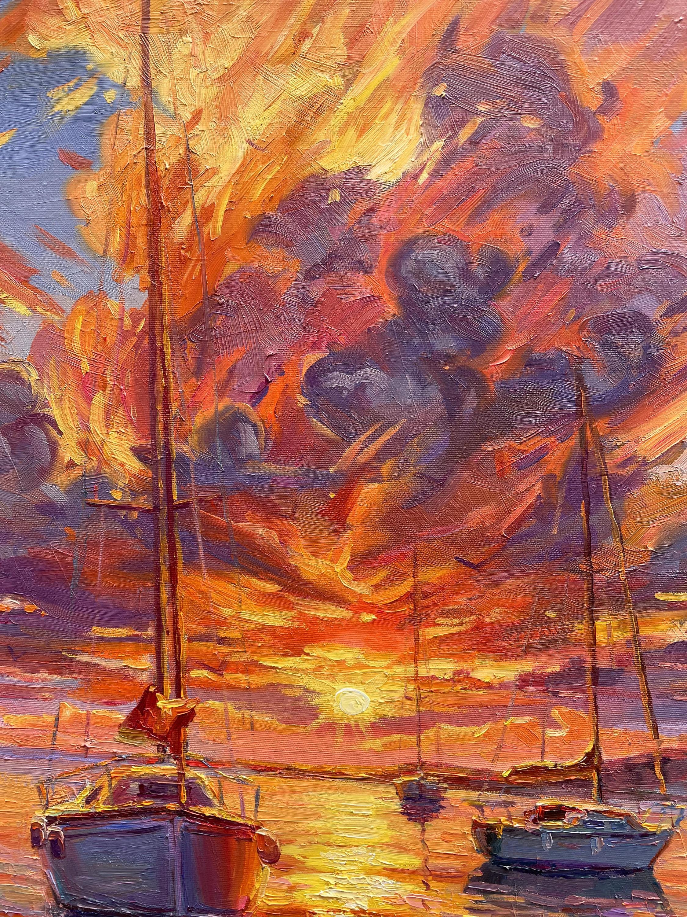 夕焼けのヨットの絵画：印象派の海景油彩 - Etsy 日本