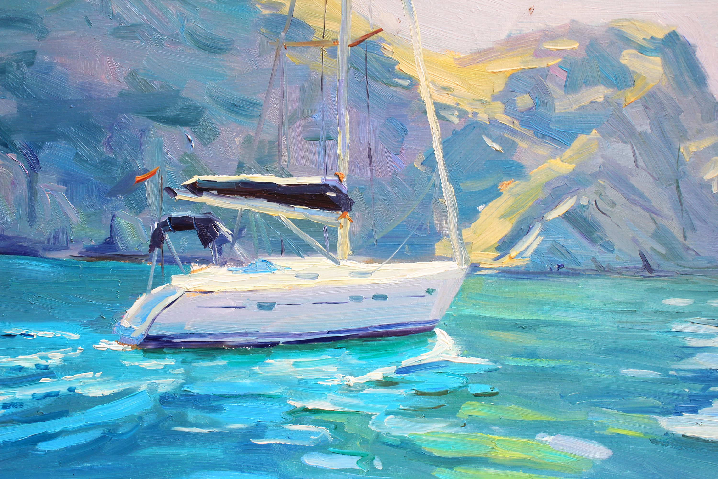 そのまま飾れるヨットの油絵　F0号　ベージュ　ゴールドカラー　白いヨット 絵画 世界の名画シリーズ 額縁付 クロード・モネ 「アルジャントューユ