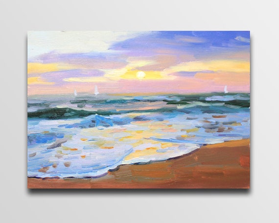 夜明けの絵 日の出の油絵 海の夜明けの絵 海の日の出 オリジナルの海の