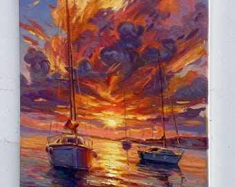 夕焼けのヨットの絵画：印象派の海景油彩 - Etsy 日本