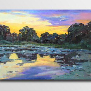Water Lily Pond Oil Painting: Impressionism River Art, 23.6x31.4 in
